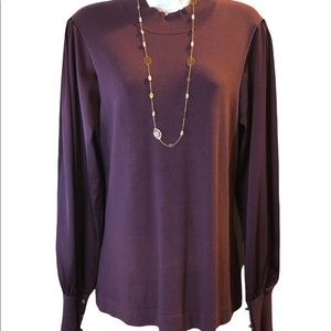 Cable Stitch Purple/Burgundy Sweater with Satin Ballon Sleeves Button on Sleeves